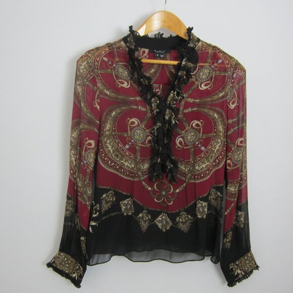 ECI Tops - ECI New York Womens 8 Burgudy Purple Black Gold Silk LS V Neck Top Cami 2 Piece